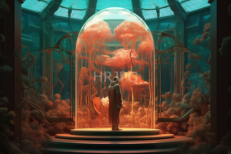 High Resolution: Eerie sci-fi scene with teal and orange hues inside a glass dome stands a solitary figure in dark clothing download. | HRJPG.com