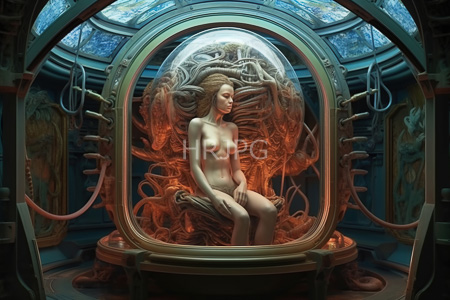 High Resolution: Ethereal nude woman with pale skin and flowing blonde hair sitting serenely inside a glass dome download. | HRJPG.com