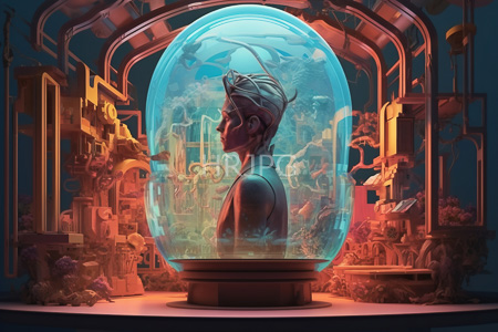 High Resolution: Androgynous figure with short wind-swept hair inside a glowing blue glass dome filled with ethereal aquatic creatures download. | HRJPG.com