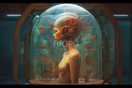 High Resolution: Androgynous light-skinned humanoid with intricate cybernetic implants in their head encased within a transparent dome download. | HRJPG.com