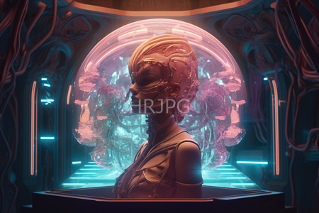 High Resolution: Androgynous futuristic humanoid with intricate cybernetic enhancements in profile view within a glowing neon-lit chamber download. | HRJPG.com