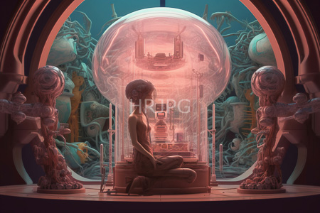 High Resolution: Androgynous dark-skinned figure with curly hair sitting cross-legged inside a transparent dome on a circular pedestal download. | HRJPG.com