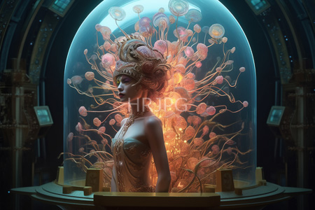 High Resolution: Ethereal dark-skinned woman with intricate pink and gold hair inside a glowing glass dome download. | HRJPG.com