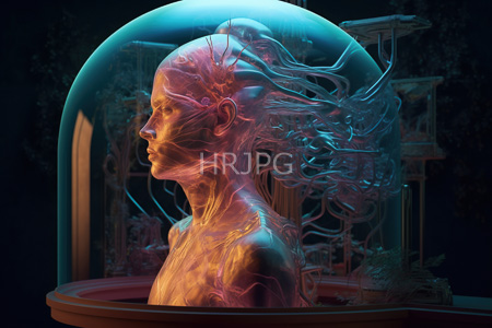 High Resolution: Ethereal translucent human head with glowing pink and blue neural networks inside its skull encased in a glass dome download. | HRJPG.com