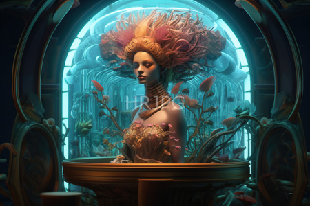 High Resolution: Ethereal fair-skinned woman with voluminous pink and orange hair floating in water within a glowing blue archway download. | HRJPG.com