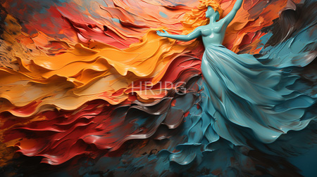 High Resolution: Ethereal blue-skinned female figure with flowing teal dress and fiery orange-red waves surrounding her download. | HRJPG.com