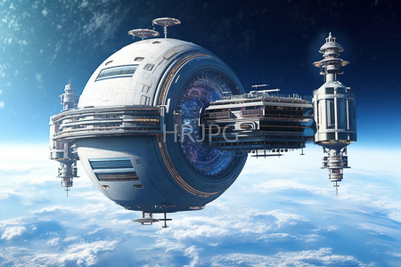 High Resolution: Enormous spherical space station with intricate details floating in deep blue outer-space above fluffy white clouds download. | HRJPG.com