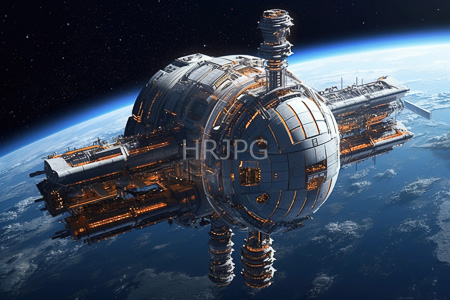 High Resolution: Enormous futuristic space station orbiting Earth from above at night featuring metallic textures with glowing orange lights download. | HRJPG.com