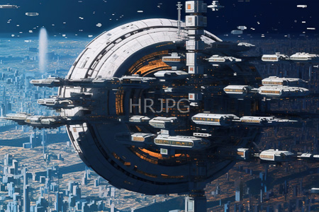 High Resolution: Enormous circular space station with numerous smaller modules orbiting around it against a starry background download. | HRJPG.com