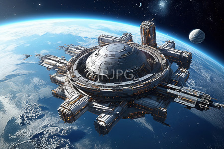 High Resolution: Enormous futuristic space station with multiple cylindrical and rectangular modules orbiting Earth against a starry background download. | HRJPG.com
