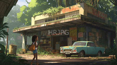 High Resolution: African-American girl with curly hair carrying a leopard-print backpack before a dilapidated gas station download. | HRJPG.com