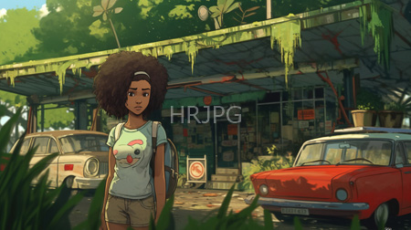 High Resolution: African-American girl with large curly brown hair standing before a dilapidated gas station covered by green moss download. | HRJPG.com