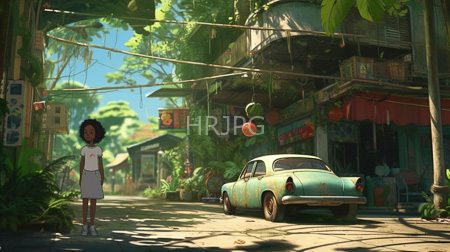High Resolution: Asian girl with dark curly hair standing on sunlit street beside vintage turquoise car download. | HRJPG.com