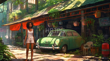 High Resolution: African-American woman with curly hair standing beside vintage green car in sunlit tropical alleyway download. | HRJPG.com