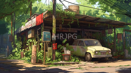 High Resolution: Old weathered gas station with overgrown greenery and vines covering parts of it download. | HRJPG.com