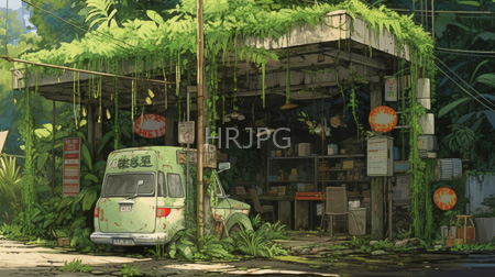 High Resolution: Overgrown abandoned gas station with lush greenery covering its roof and walls download. | HRJPG.com