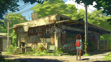 High Resolution: Outdoor scene featuring a young girl with brown hair standing before weathered wooden shack surrounded by lush greenery download. | HRJPG.com