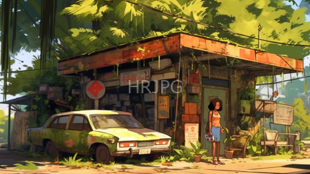 High Resolution: Overgrown rustic gas station with vines covering its roof and walls featuring vintage green car download. | HRJPG.com