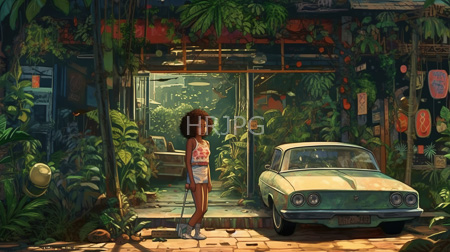 High Resolution: African-American girl with curly hair standing before overgrown urban shop entrance beside vintage green car download. | HRJPG.com