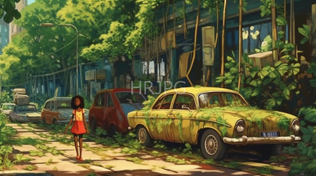 High Resolution: Overgrown urban street with lush greenery overtaking cars and buildings including yellow vintage car covered in vines download. | HRJPG.com