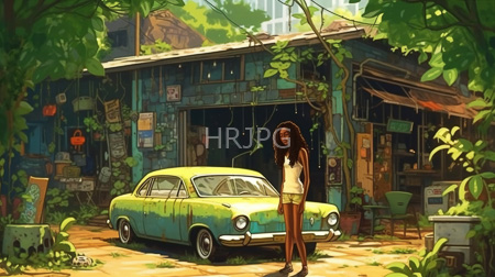 High Resolution: African-American woman with long dark curly hair standing before a weathered blue vintage car parked beside a rustic wooden shack download. | HRJPG.com