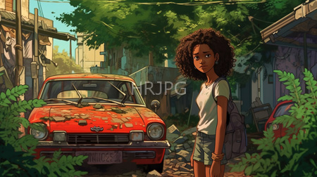High Resolution: African-American girl with curly hair standing beside a rusted red vintage car in a sunlit urban alleyway download. | HRJPG.com