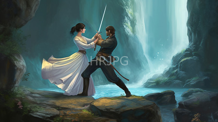 High Resolution: Two sword-wielding characters in an ethereal rocky canyon with cascading waterfalls and misty light download. | HRJPG.com