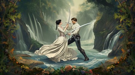 High Resolution: Enchanting forest scene featuring two young adults standing in shallow water with cascading falls behind them download. | HRJPG.com