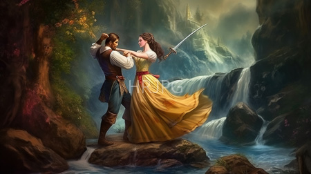 High Resolution: Belle and Beast standing on rocky terrain by cascading waterfalls in an enchanted forest download. | HRJPG.com