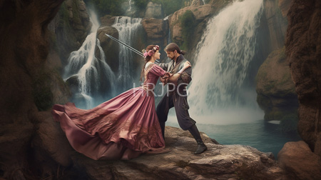 High Resolution: Elegant woman in flowing pink gown holding up her sword to meet that of a rugged man download. | HRJPG.com