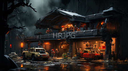 High Resolution: Atmospheric rainy night scene of a rustic two-story wooden cabin with illuminated windows and balconies download. | HRJPG.com