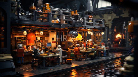 High Resolution: Intricate LEGO diorama depicting a bustling industrial workshop with warm yellow-orange lighting download. | HRJPG.com