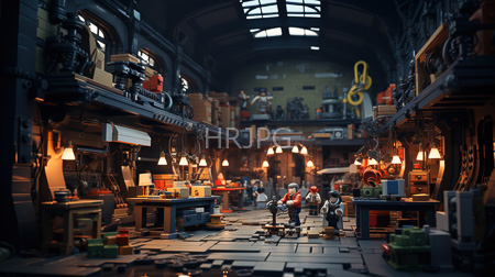 High Resolution: Intricately detailed LEGO diorama depicting a dim industrial workshop with warm yellow and orange lighting download. | HRJPG.com