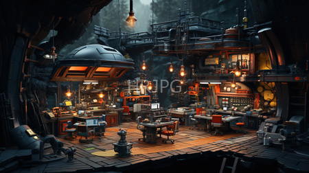 High Resolution: Intricately detailed steampunk-style workshop with dim lighting and warm amber bulbs hanging from pipes overhead download. | HRJPG.com