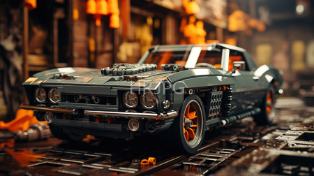 High Resolution: Intricately detailed LEGO model depicting a dark green vintage muscle car download. | HRJPG.com
