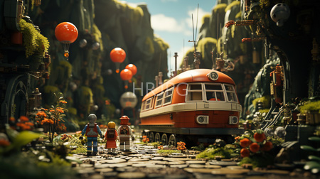 High Resolution: Enchanting steampunk-inspired village with moss-covered cliffs and cobblestone paths featuring a vintage orange bus-like vehicle download. | HRJPG.com