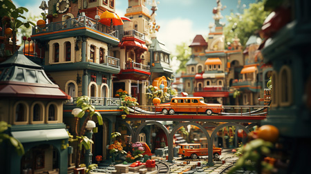 High Resolution: Intricate colorful miniature cityscape featuring detailed buildings with varied architectural styles and vibrant orange roofs download. | HRJPG.com
