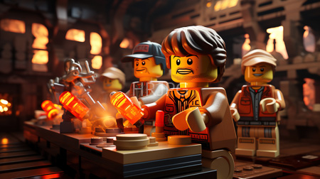 High Resolution: Four LEGO minifigures in an industrial dim-lit setting with warm orange lighting download. | HRJPG.com