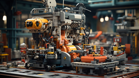 High Resolution: Intricate LEGO factory scene featuring detailed multi-layered machinery with orange and gray components download. | HRJPG.com