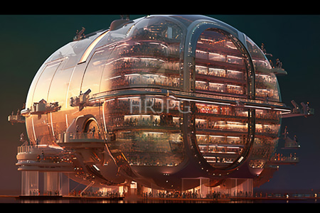High Resolution: Enormous spherical futuristic spaceship with transparent sections revealing multiple decks filled with small figures download. | HRJPG.com