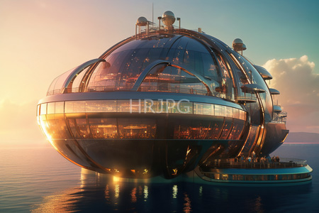 High Resolution: Futuristic spherical oceanic spaceship at sunset with reflective glass exterior and golden-orange lighting inside download. | HRJPG.com