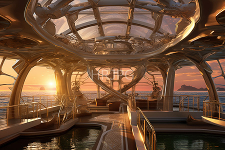 High Resolution: Opulent futuristic ship interior at sunset with golden light reflecting off sleek metallic structures download. | HRJPG.com