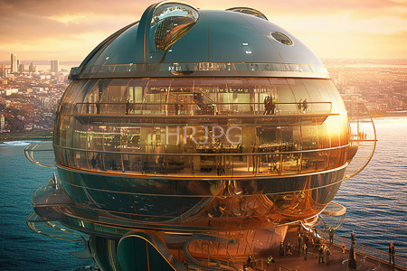High Resolution: Futuristic spherical glass and metal floating structure with multiple transparent levels overlooking an urban coastline at sunset download. | HRJPG.com