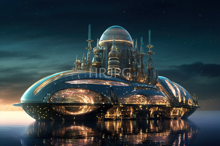 High Resolution: Futuristic floating city at night with reflective water below and starry sky above download. | HRJPG.com