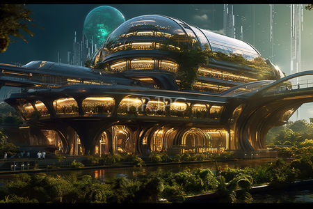 High Resolution: Futuristic multi-tiered city building with sleek metallic and glass architecture illuminated by warm yellow lights download. | HRJPG.com