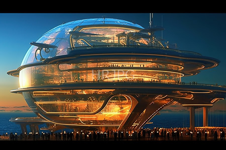 High Resolution: Futuristic spherical space station with multiple transparent and metallic layers illuminated by warm yellow lights download. | HRJPG.com