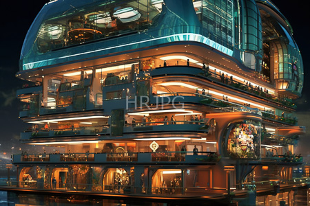 High Resolution: Illuminated futuristic multi-story building at night with glass and metal architecture featuring multiple levels adorned with warm orange lighting download. | HRJPG.com