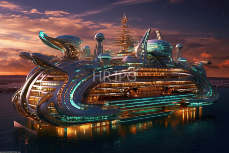 High Resolution: Futuristic metallic cruise ship at sunset with sleek curves and glowing blue-green lights reflecting on its surface download. | HRJPG.com