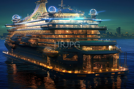 High Resolution: Illuminated multi-deck luxury cruise ship at night on calm waters with city lights in background download. | HRJPG.com