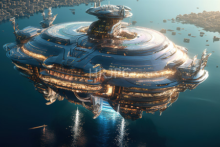 High Resolution: Futuristic floating city with sleek metallic and glass architecture illuminated by warm yellow lights floats above calm blue waters download. | HRJPG.com